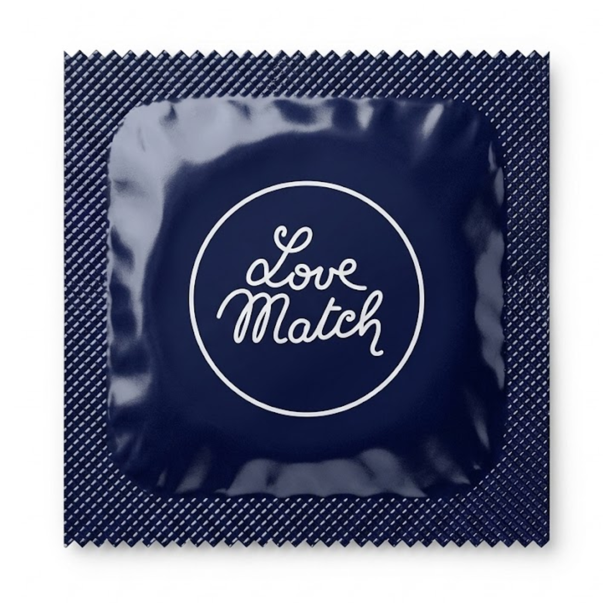 Front view of a single navy blue foil condom wrapper for Love Match Extra Large, featuring a textured square border and the white script "Love Match" logo inside a white circle. Main image