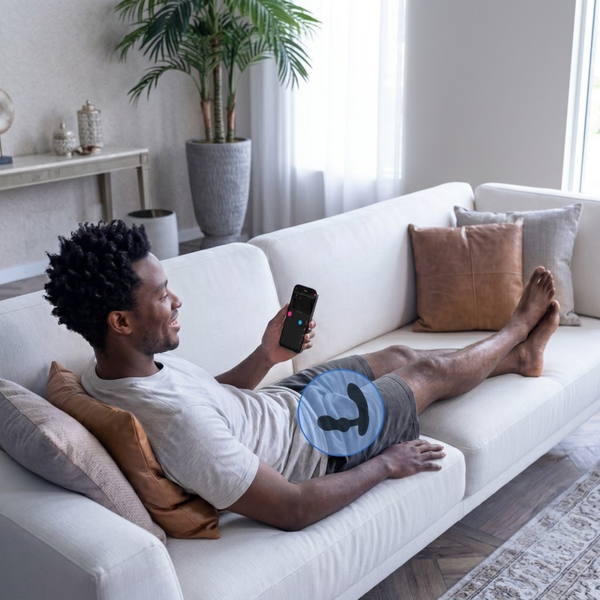 Lifestyle shot of a person relaxing on a white couch while holding a smartphone running the Lovense control app.