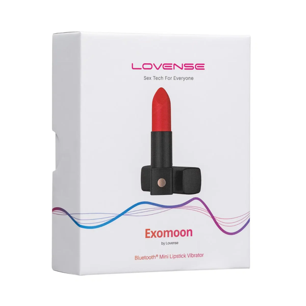 Retail box packaging view for the white Lovense Exomoon Bluetooth Mini Lipstick Vibrator.