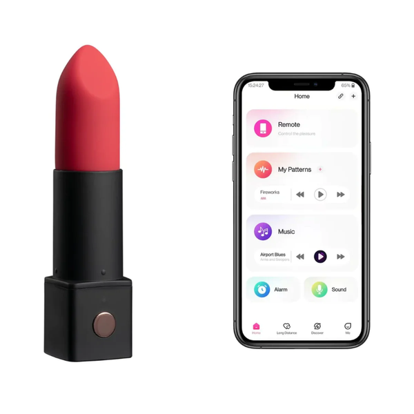 Product display shot showing the un-capped Lovense Exomoon lipstick vibrator alongside a smartphone running the Lovense remote control app.