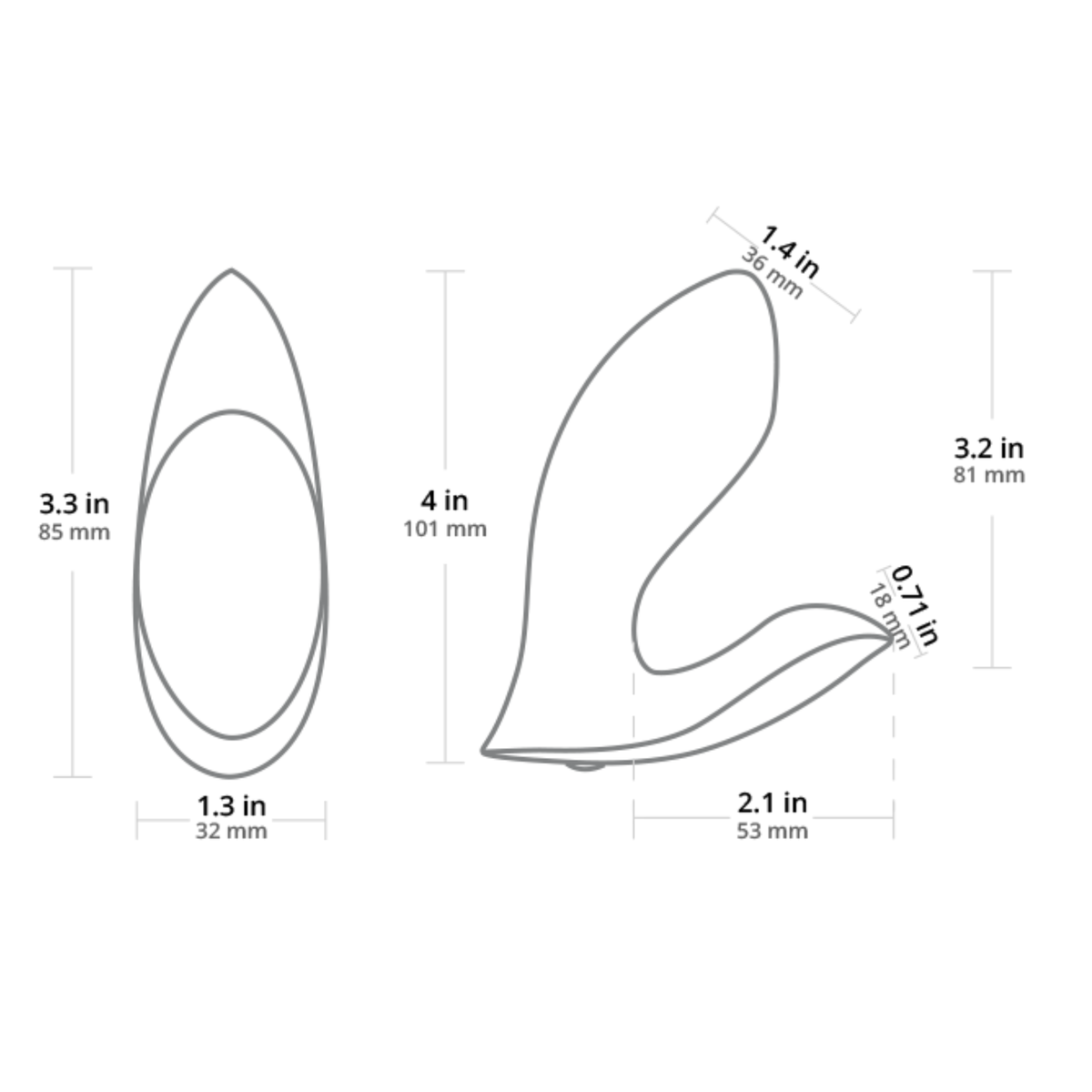 Dimension diagram illustrating the product measurements: 4 in (101 mm) total height, 3.3 in (85 mm) inner length, 3.2 in (81 mm) outer height, 2.1 in (53 mm) base length, and 1.3 in (32 mm) base width.