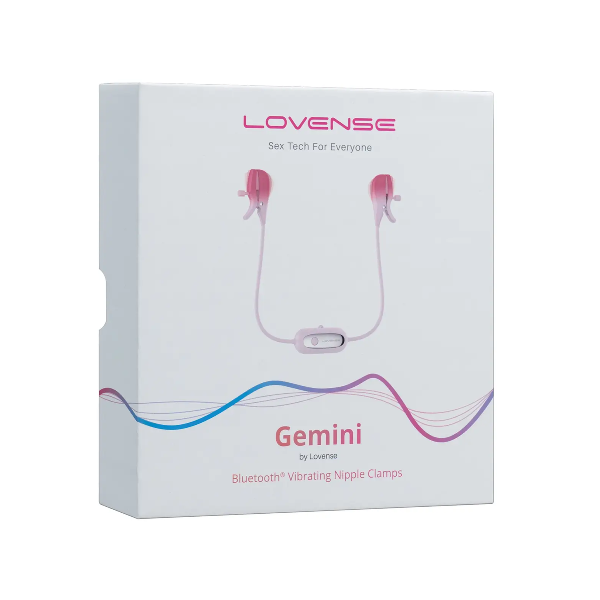 Front packaging shot showing the white retail box for the Lovense Gemini Bluetooth Vibrating Nipple Clamps. Main image