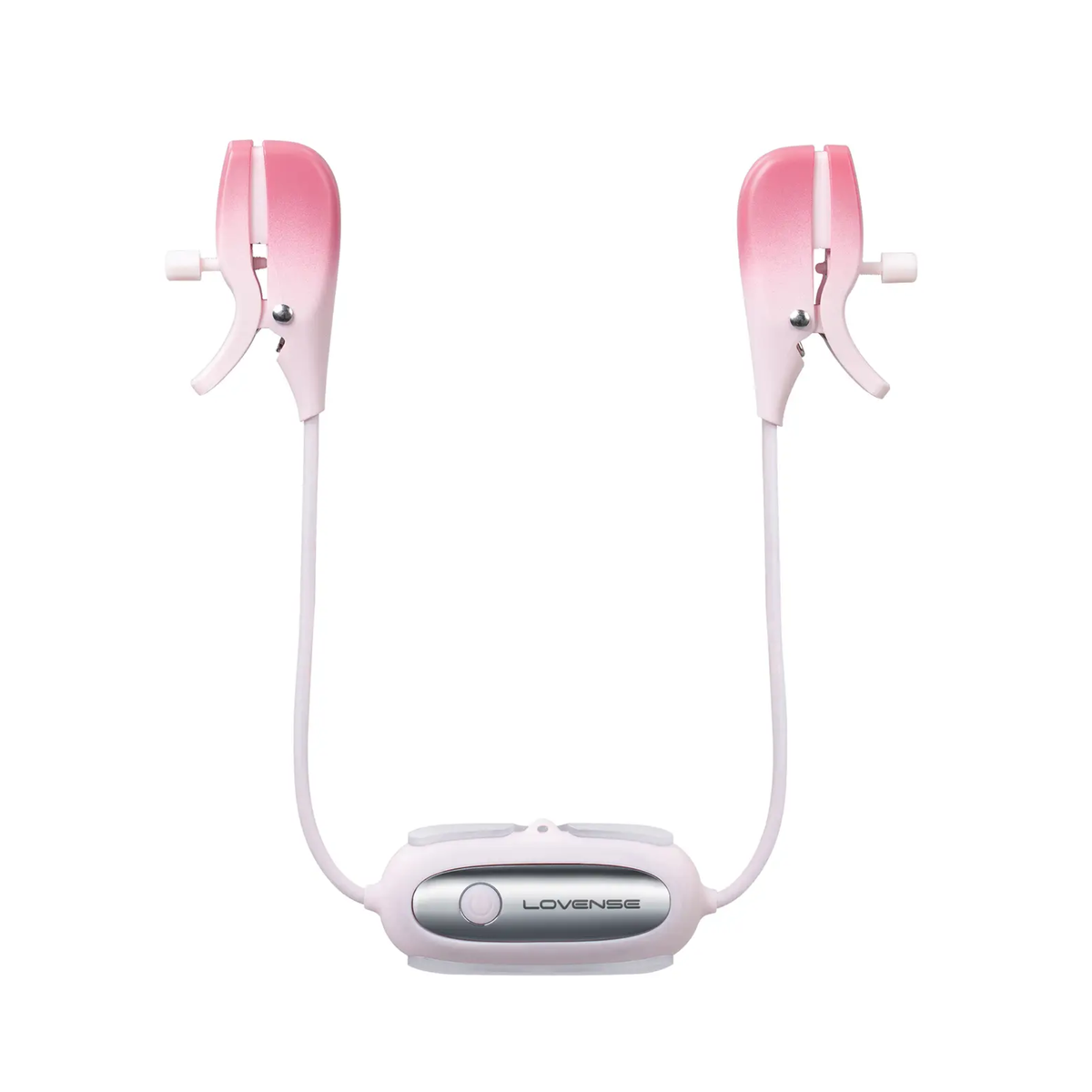 Isolated product view displaying the front of the pink gradient Lovense Gemini vibrating nipple clamps and central control pod with silver accent trim.