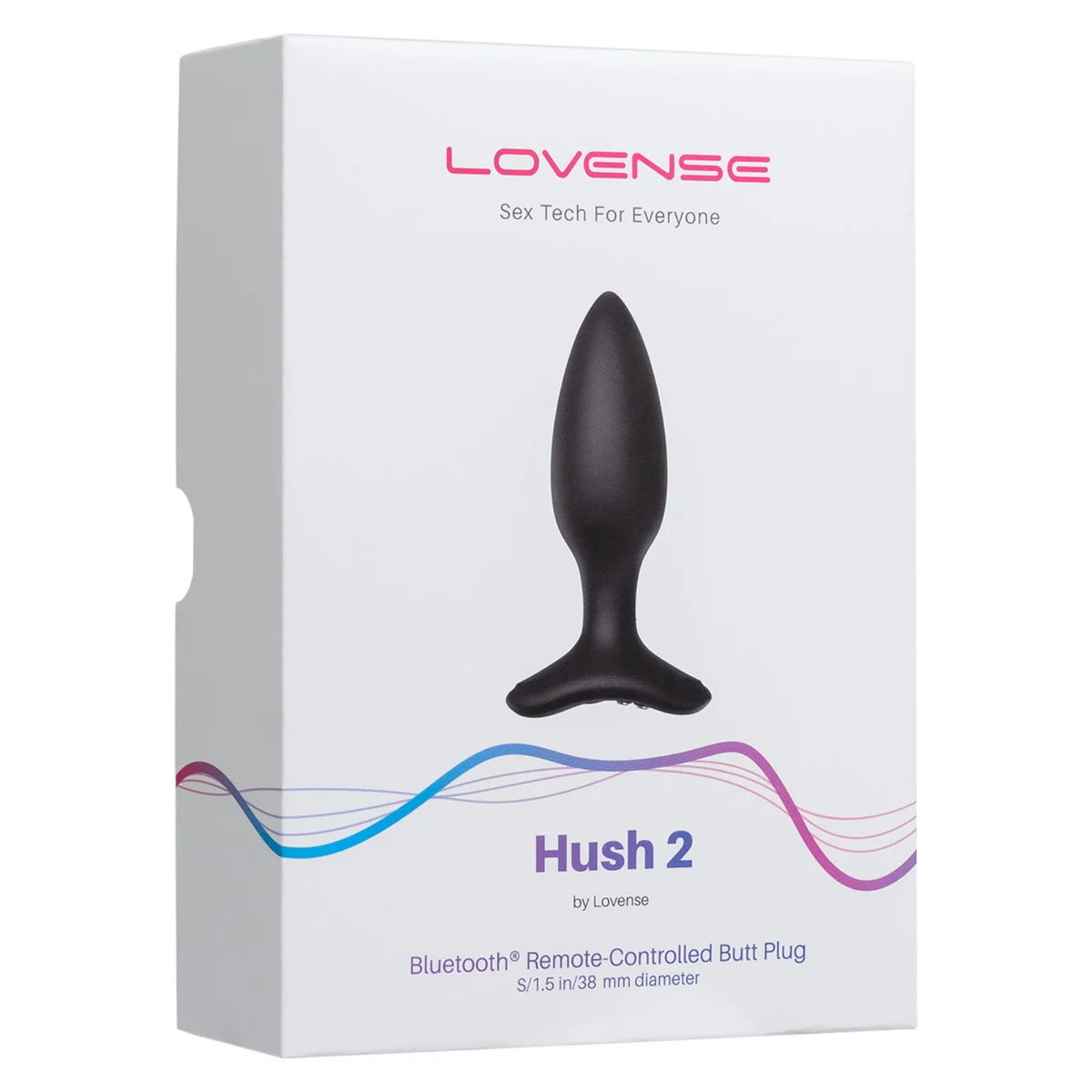Retail box packaging view for the Lovense Hush 2 Bluetooth Remote-Controlled Butt Plug with  a width of 1.5" (38mm) diameter. Main image