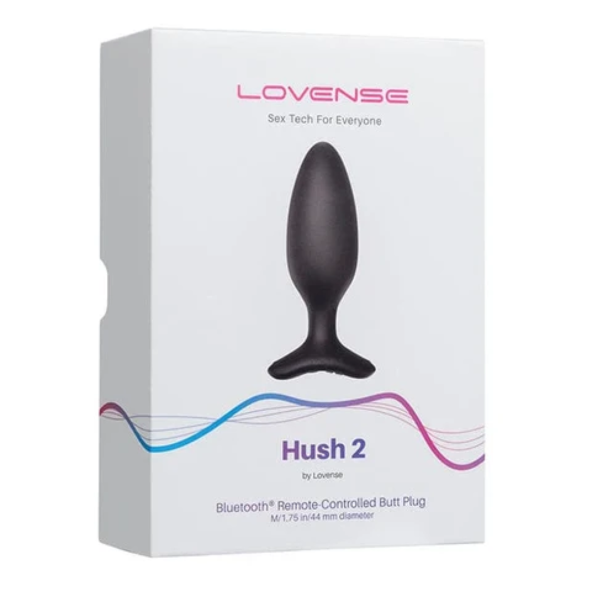Retail box packaging view for the Lovense Hush 2 Bluetooth Remote-Controlled Butt Plug (Medium / 1.75 in / 44 mm diameter). Main image