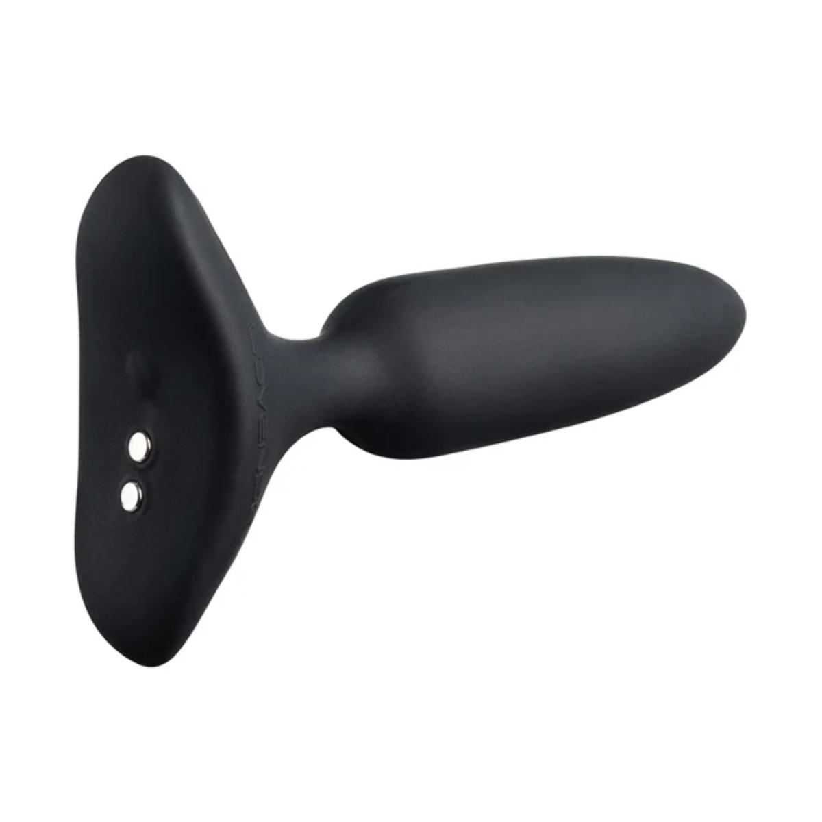 Angled close-up shot of the black Lovense Hush 2 base showing its magnetic charging contacts.