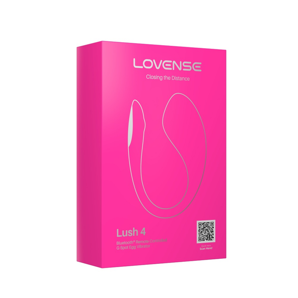 Front packaging view of the bright pink retail box for the Lovense Lush 4 Bluetooth Remote-Controlled G-Spot Egg Vibrator.