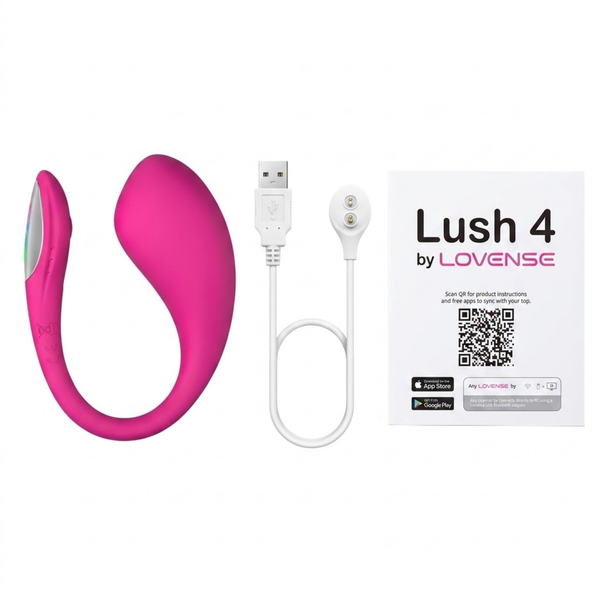 Flat-lay set photo showing the pink Lovense Lush 4 vibrator, white USB magnetic charging cable, and user manual card.