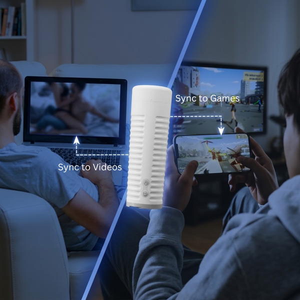 Promotional split-screen image illustrating interactive capabilities: "Sync to Videos" on a laptop on the left, and "Sync to Games" on a smartphone on the right.