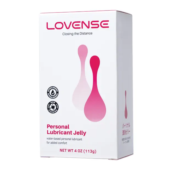 Front packaging shot of the retail box for Lovense Personal Lubricant Jelly displaying "HYPOALLERGENIC" and "NON-STAINING" badges.