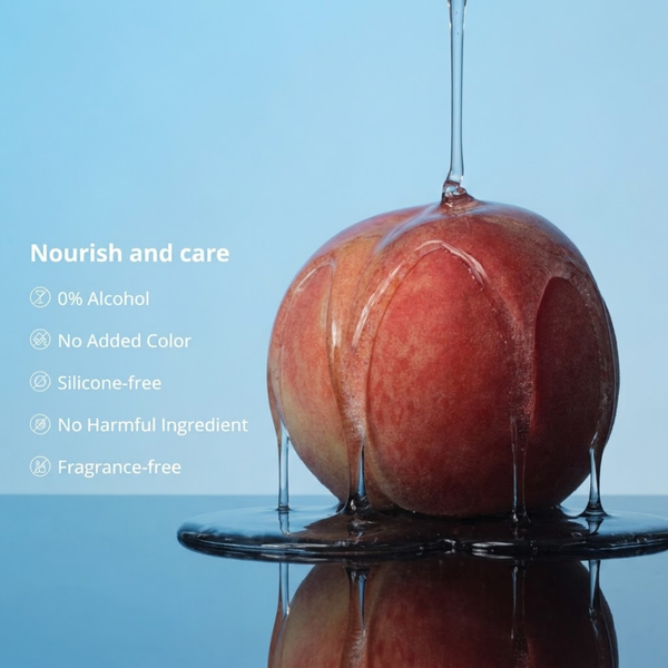 Conceptual feature image showing clear lubricant gel pouring over a fresh peach, listing key formula highlights: 0% Alcohol, No Added Color, Silicone-free, No Harmful Ingredient, and Fragrance-free.