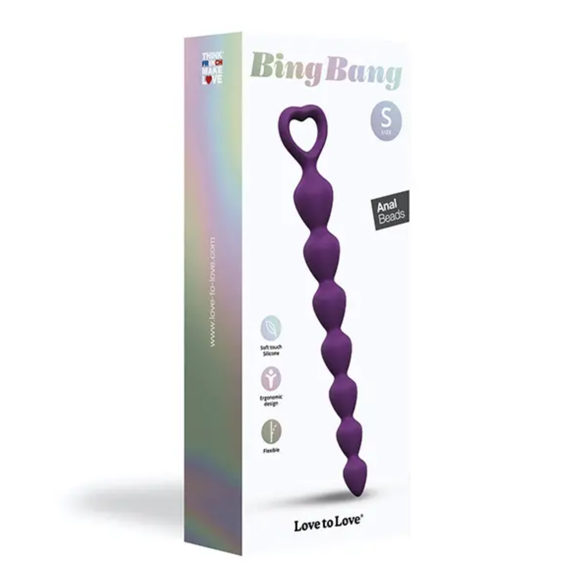 Front packaging shot of the Love to Love Bing Bang Small Size purple anal beads retail box featuring holographic side accents and key feature icons.
