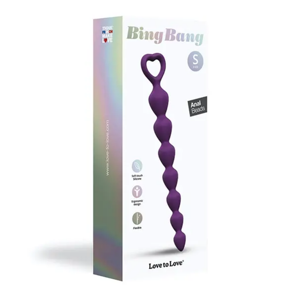 Front packaging shot of the Love to Love Bing Bang Small Size purple anal beads retail box featuring holographic side accents and key feature icons.