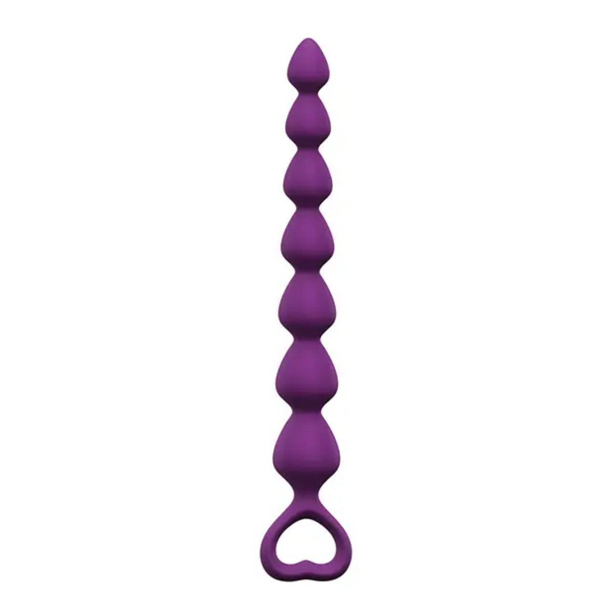 Direct studio shot showing the deep purple silicone strand of 7 graduating anal beads with an open heart retrieval loop at the bottom.