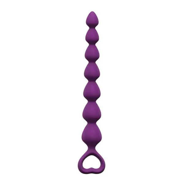Direct studio shot showing the deep purple silicone strand of 7 graduating anal beads with an open heart retrieval loop at the bottom.