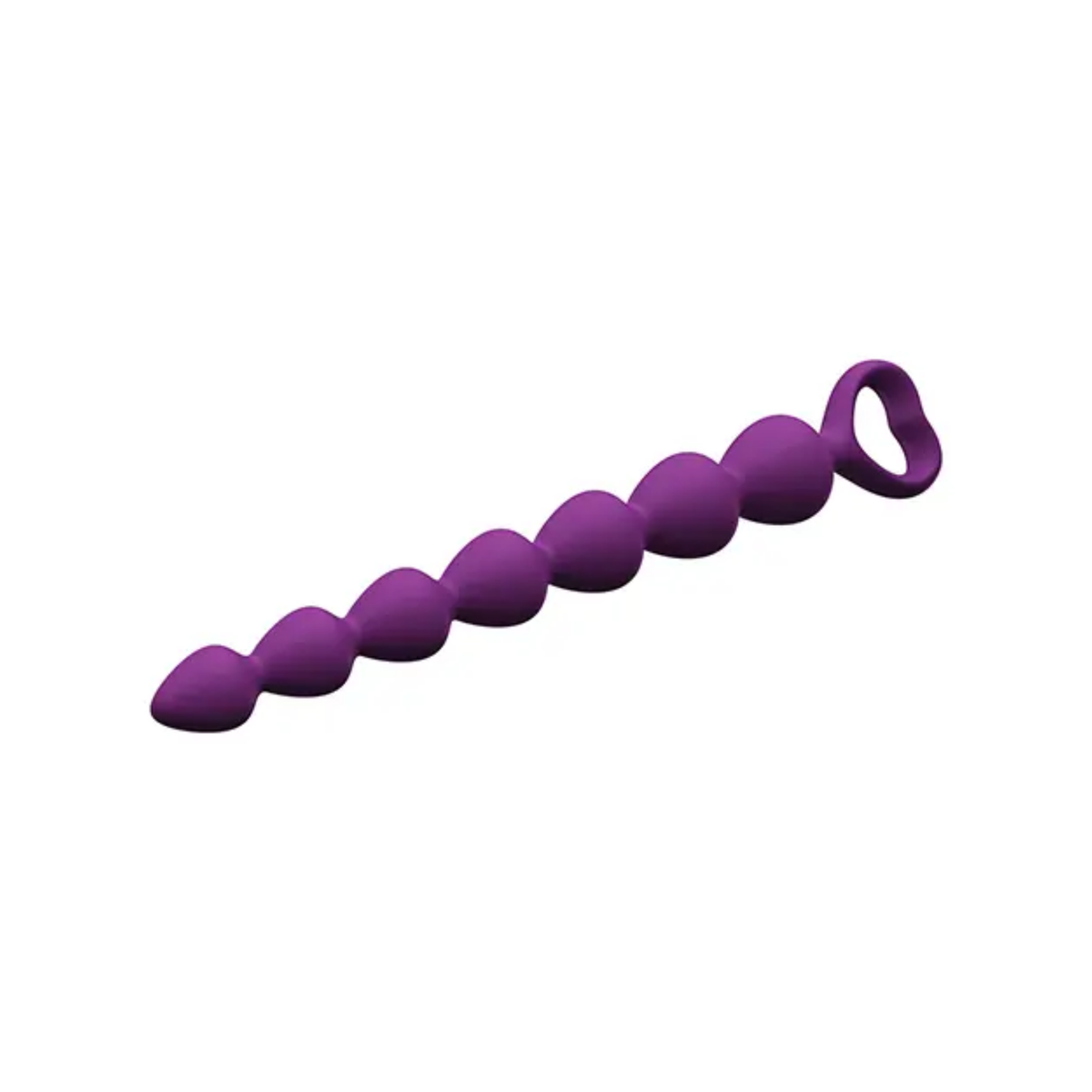 Angled studio shot of the deep purple silicone anal beads lying diagonally across a white background.