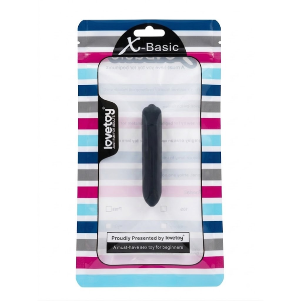 Retail packaging shot showing the matte black Lovetoy X-Basic bullet vibrator displayed inside a striped hanging pouch with a clear window.
