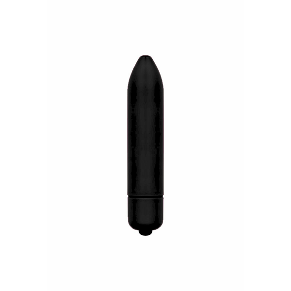 Isolated product view of the smooth, matte black bullet vibrator standing upright against a plain white background.