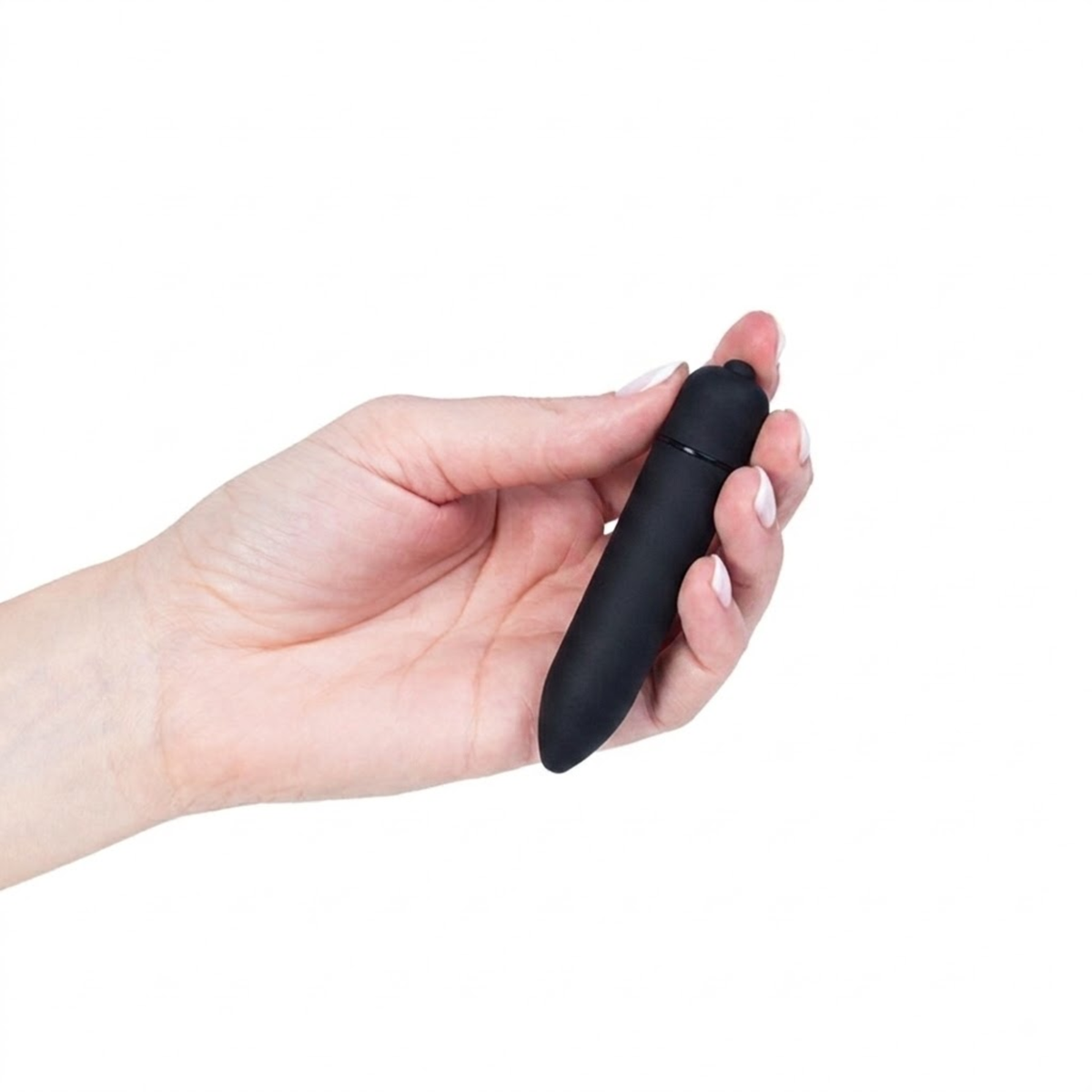 Scale reference photo displaying a hand holding the compact matte black bullet vibrator between its fingers.