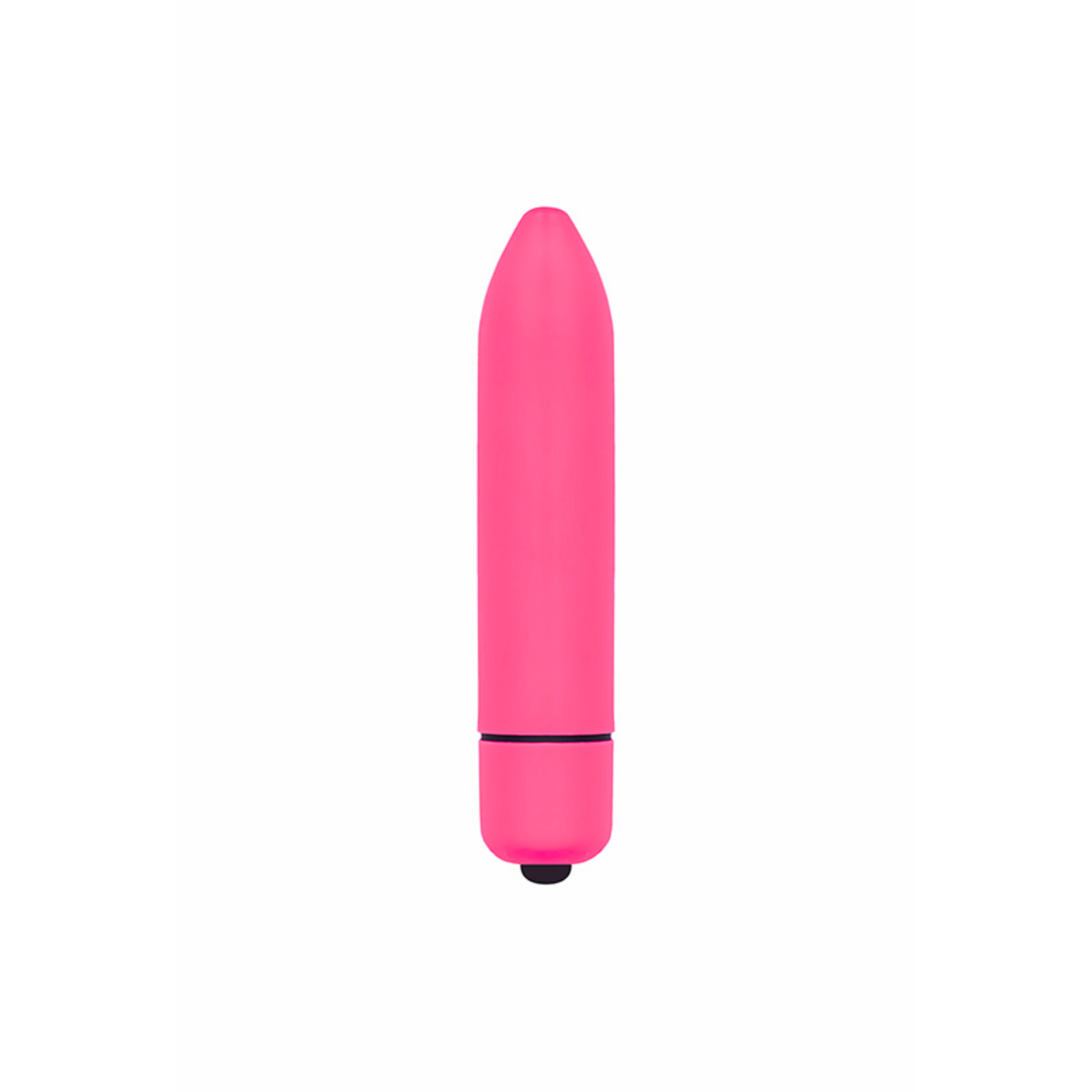 Studio product shot of the smooth bright pink bullet vibrator standing upright against a plain white background.