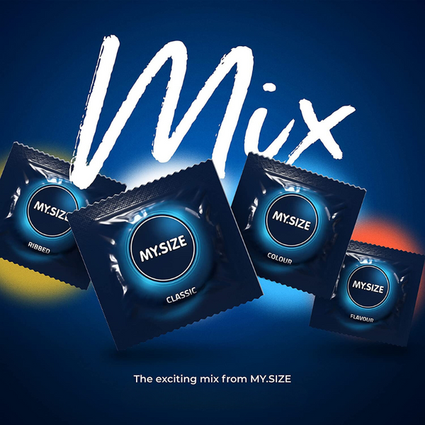 An image of MY.SIZE condoms, featuring four individual condom packets against a gradient blue background. The four packets are labeled: Ribbed, Classic, Colour, and Flavour. 