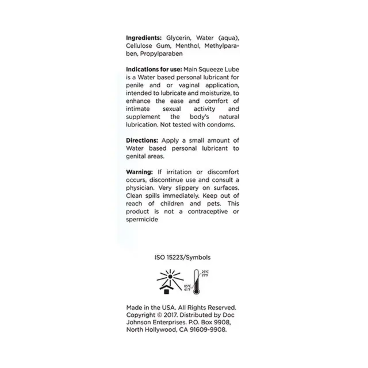 Back label text view showing the ingredients list (including Menthol and Glycerin), indications for use, directions, warnings, storage symbols, and Doc Johnson manufacturer details.