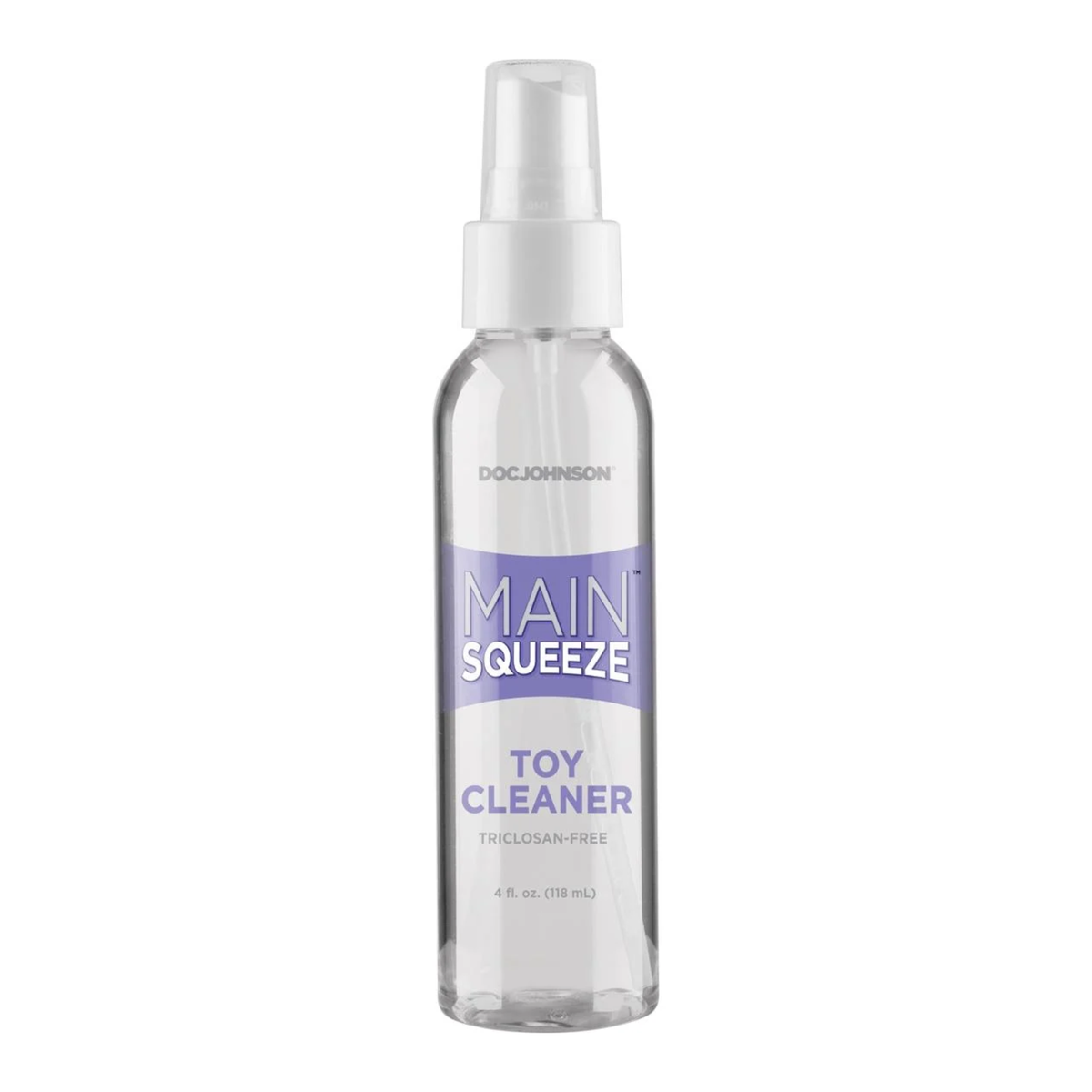 Front studio view of the 4 fl oz (118 ml) clear spray bottle of Doc Johnson Main Squeeze Toy Cleaner with lavender branding accents and a clear spray cap. Main image