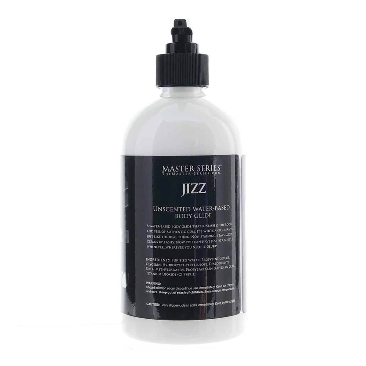 Back-view of the 488 mL (16 fl. oz.) Master Series Jizz bottle, showing the ingredients and detailed product description.