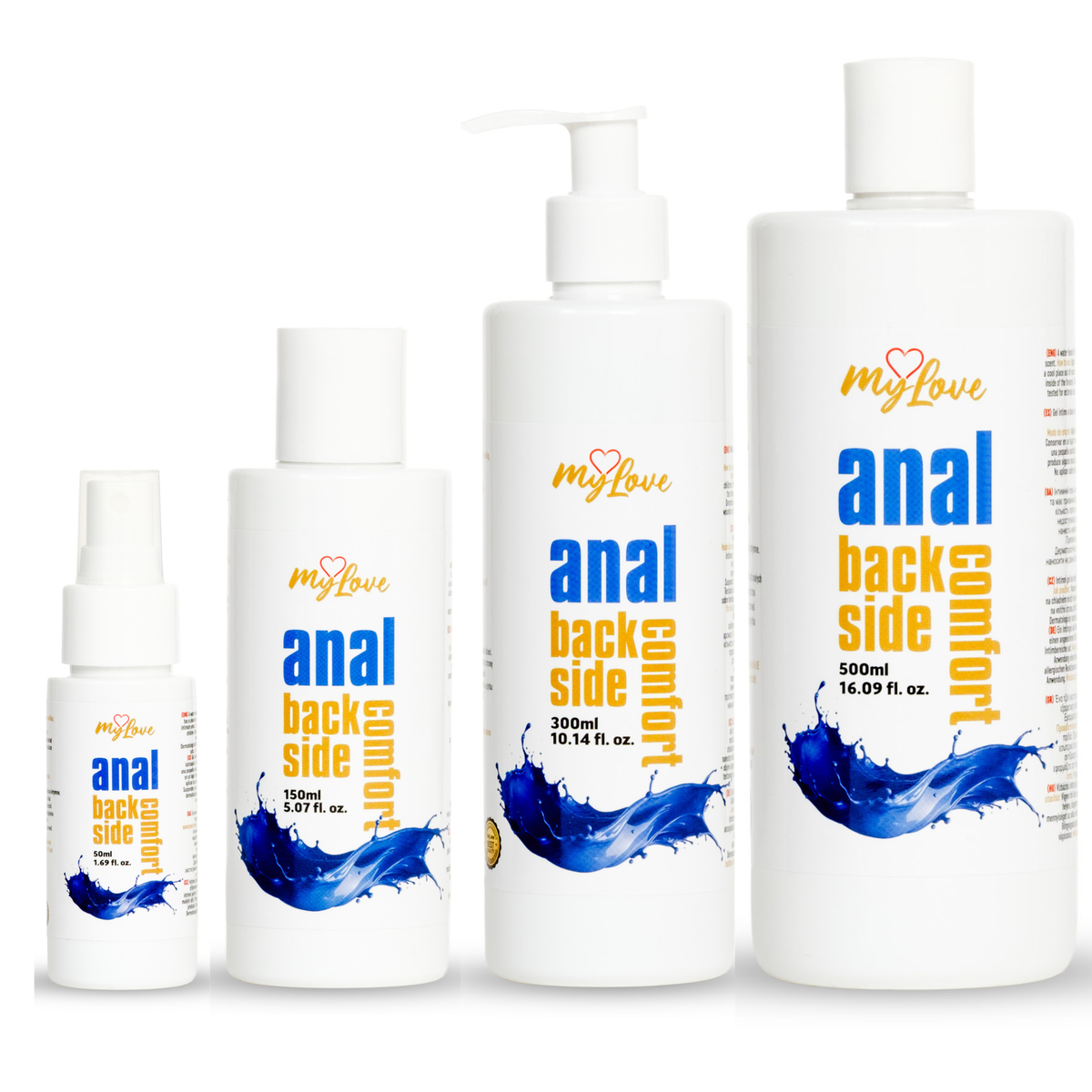 Four white bottles of MyLove Anal Back Side Comfort gel arranged side-by-side in increasing size order: 50 ml spray, 150 ml, 300 ml pump, and 500 ml. Each bottle features blue splash graphics and yellow typography. Main image