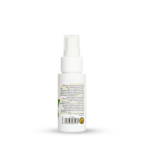 Rear-side view of the 50 ml MyLove Deep Throat Pleasure Oral Spray in Green Tea & Mint flavor. The white bottle features a spray pump cap and displays multilingual directions, safety warnings, and a barcode with a quality seal at the bottom.