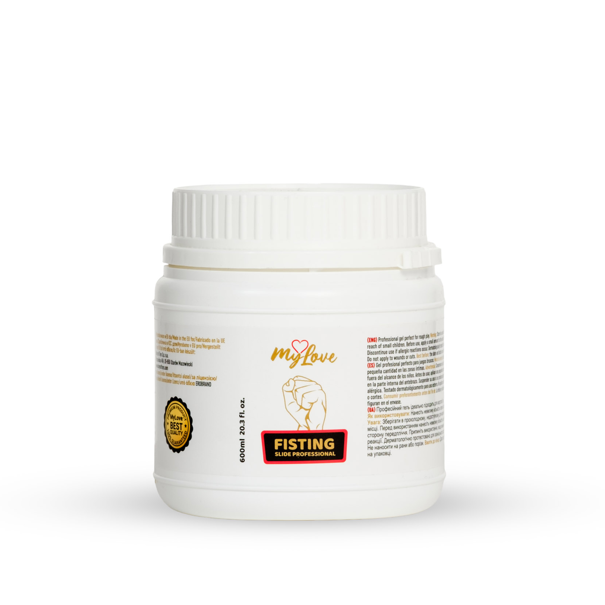 Front view of the 600 ml (20.3 fl oz) MyLove Fisting Slide Professional gel tub standing centered against a plain white backdrop. The label features a gold fist illustration above a red banner reading "FISTING SLIDE PROFESSIONAL."
