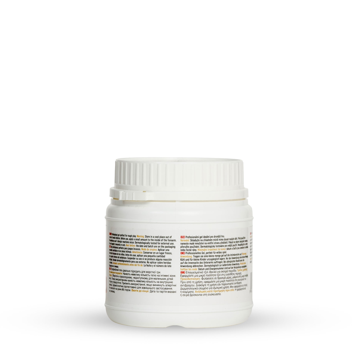 Rear-side view of the 600 ml MyLove Fisting Slide Professional gel tub displaying multilingual instructions and safety warnings on the label against a plain white background.