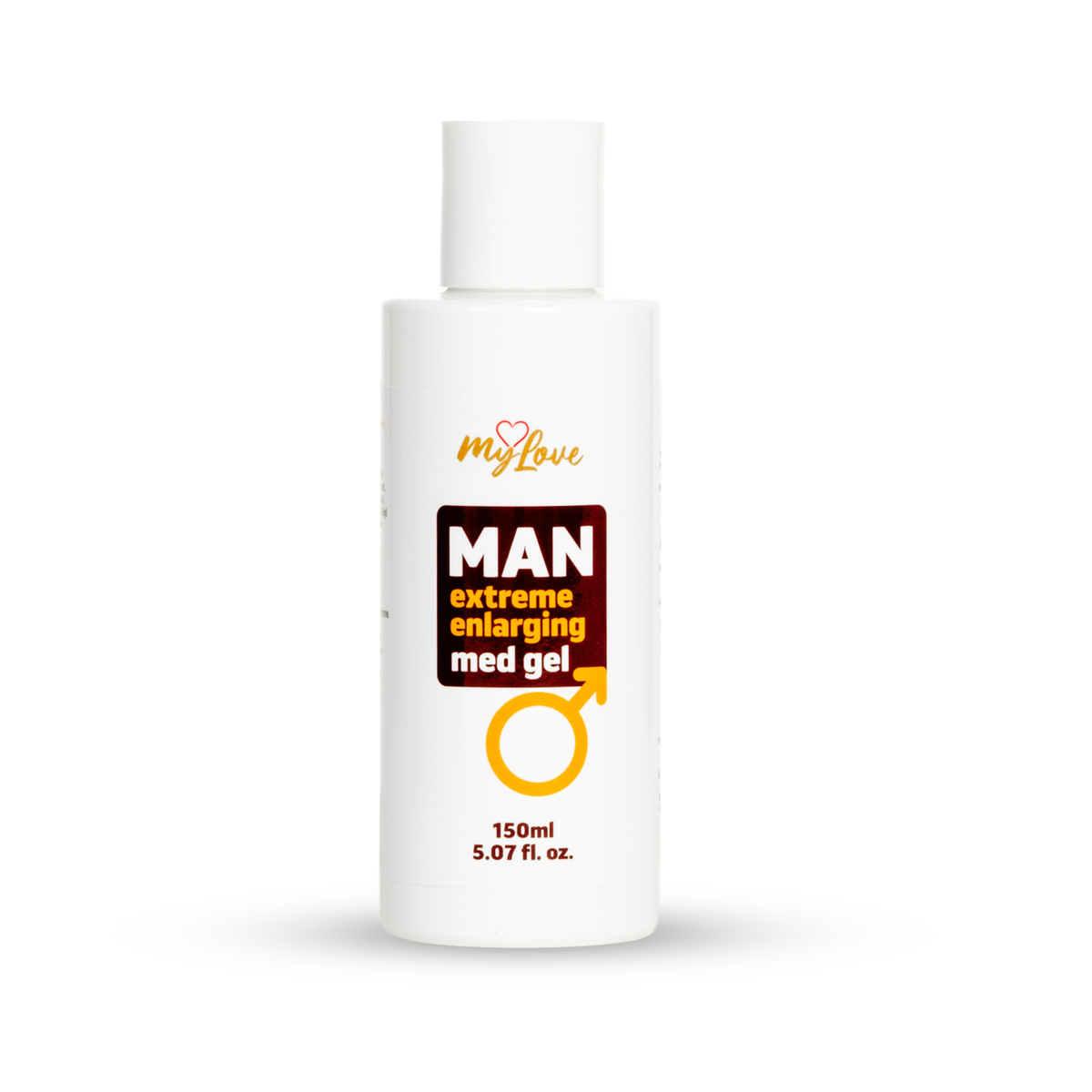 Front view of the 150 ml MyLove Man Extreme Enlarging Med Gel bottle standing centered against a plain white backdrop. The bottle features a dark red box design on the label with an orange male gender symbol. Main image
