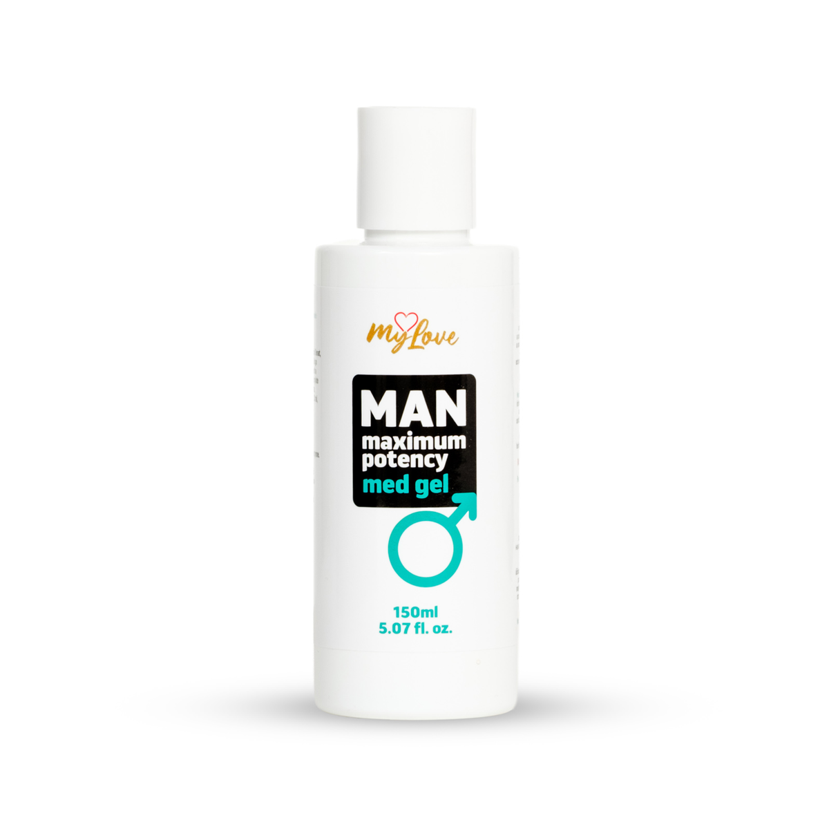 Front view of the 150 ml MyLove Man Maximum Potency Med Gel bottle standing centered against a plain white backdrop. The label features a black box layout and a teal male gender symbol. Main image