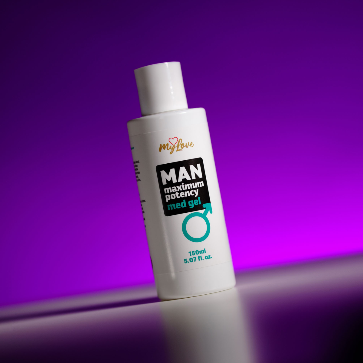 Front view of the 150 ml MyLove Man Maximum Potency Med Gel bottle, angled slightly on a white surface against a vibrant purple backlit background.