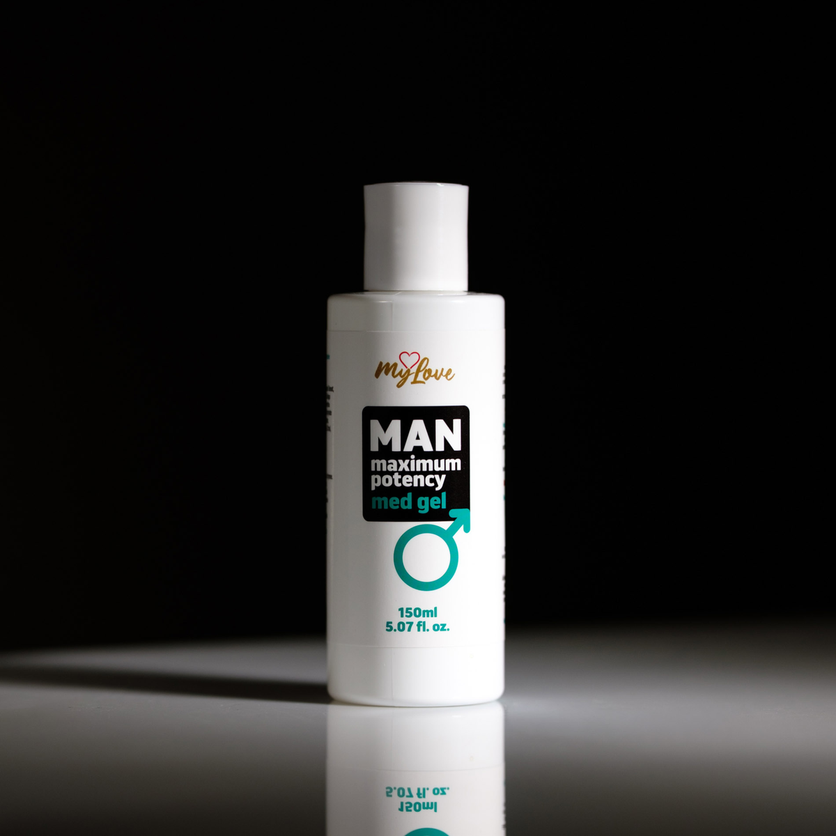 Front view of the 150 ml MyLove Man Maximum Potency Med Gel bottle standing centered on a white surface against a solid black background.