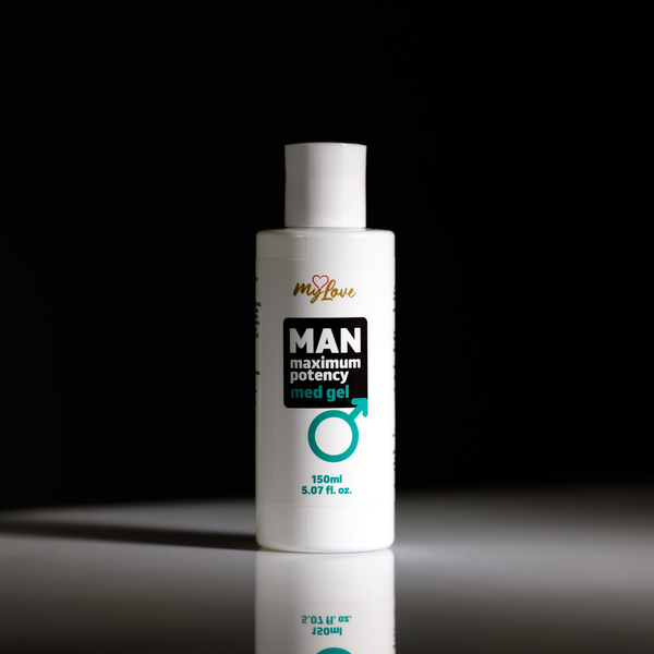 Front view of the 150 ml MyLove Man Maximum Potency Med Gel bottle standing centered on a white surface against a solid black background.