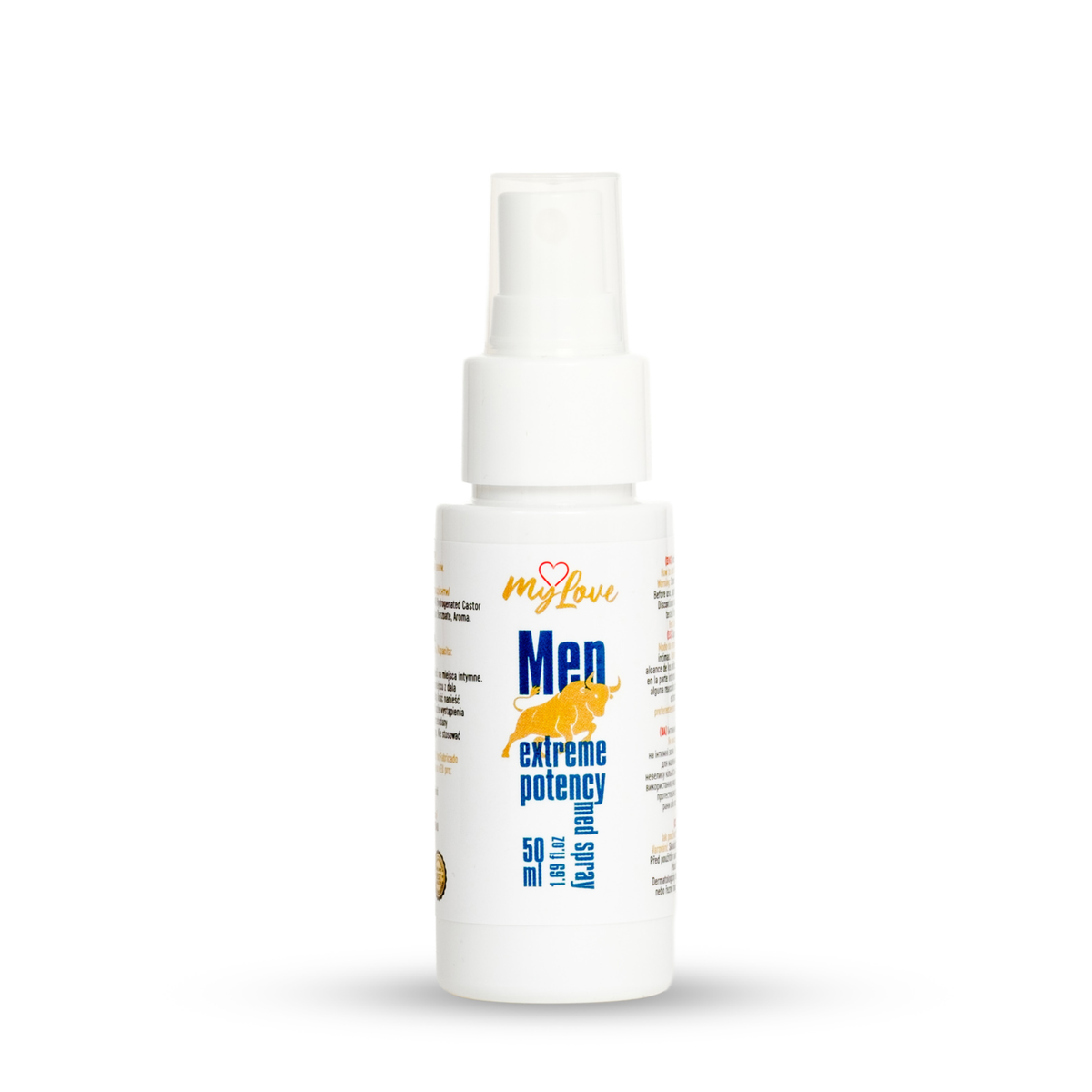 A white plastic spray bottle of MyLove Men Extreme Potency 50 ml, featuring a white pump dispenser and a label with blue and yellow text, set against a plain white background. Main image