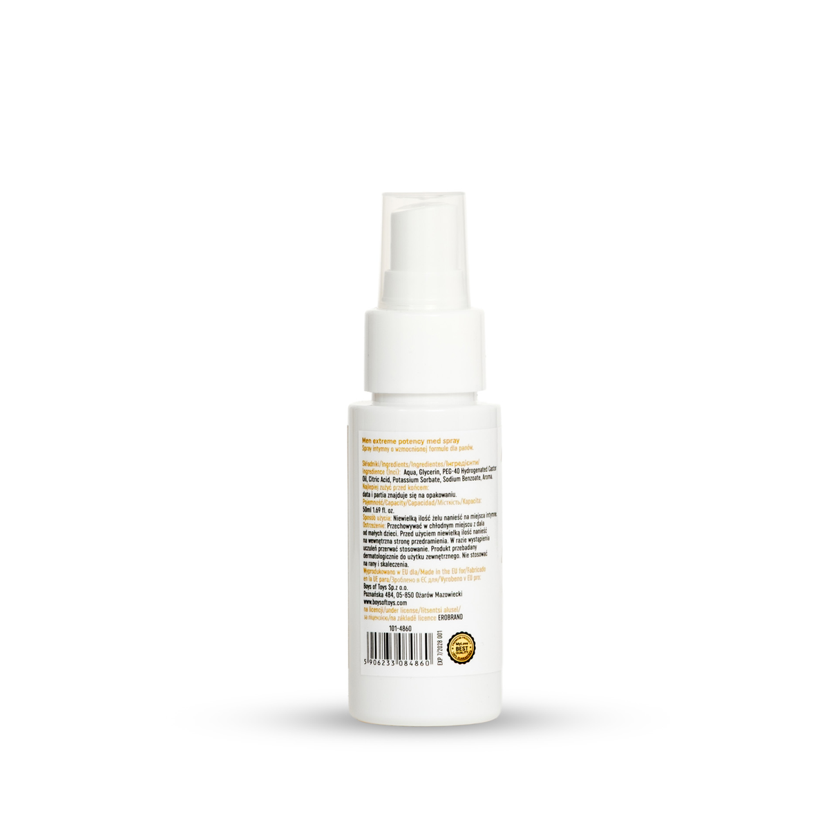 A white pump bottle of hair product shown from the back, featuring a white label with orange text and a barcode, set against a plain white background.
