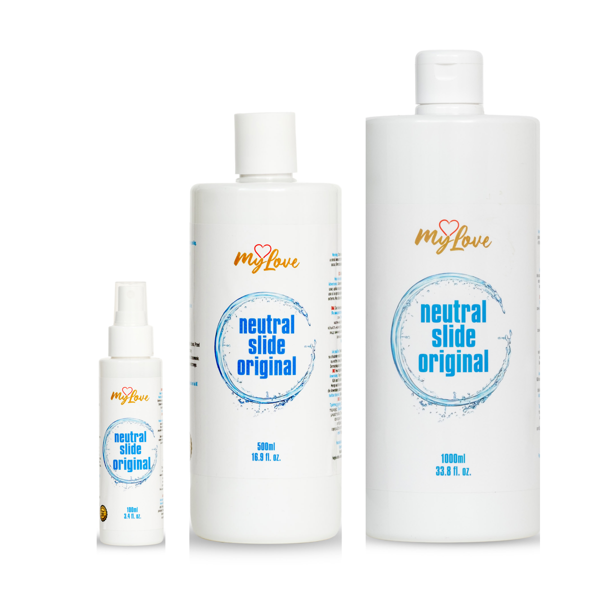 Three white bottles of MyLove Neutral Slide Original lubricant stand side-by-side in increasing size order from left to right: 100 ml spray, 500 ml, and 1000 ml. Each features a circular blue water splash design on the label. Main image