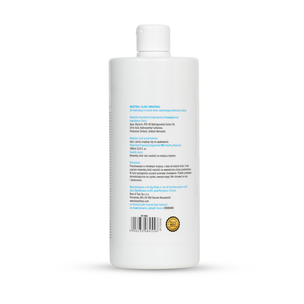 Rear view of the 1000 ml MyLove Neutral Slide Original bottle showing multilingual product details, ingredients, manufacturer information, and a barcode with an expiration seal at the bottom.