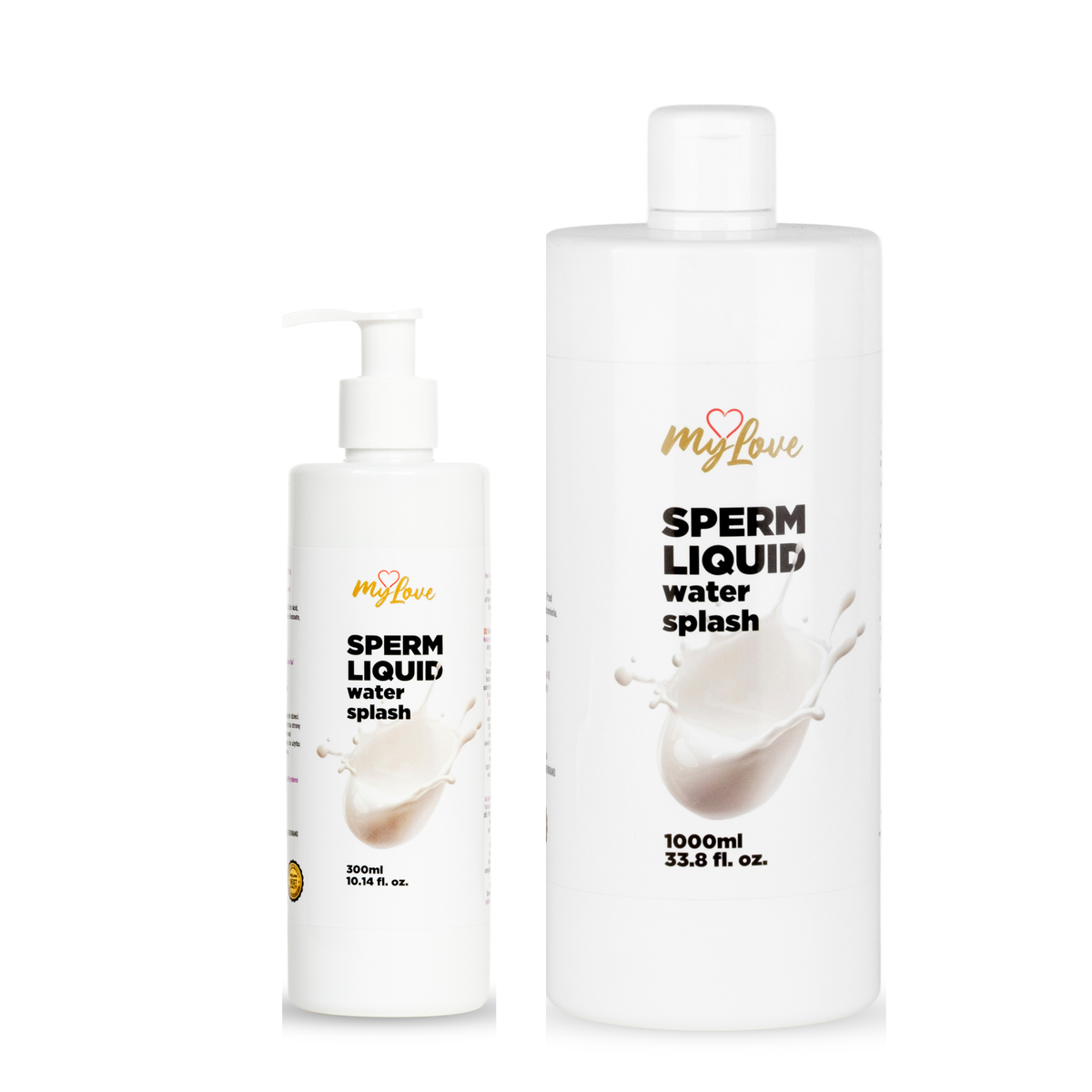Two white bottles of MyLove Sperm Liquid Water Splash lubricant stand side-by-side against a white background, featuring the 300 ml pump bottle on the left and the 1000 ml bottle on the right.