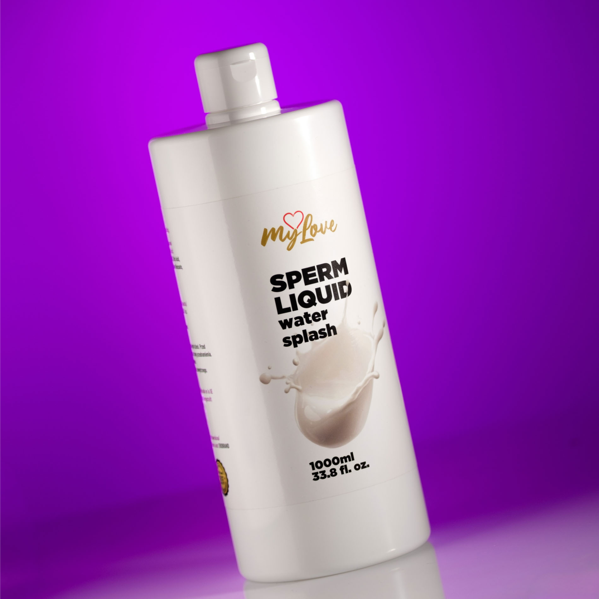 Front view of the large 1000 ml MyLove Sperm Liquid Water Splash bottle standing at an angle on a white surface against a bright purple backlit backdrop.