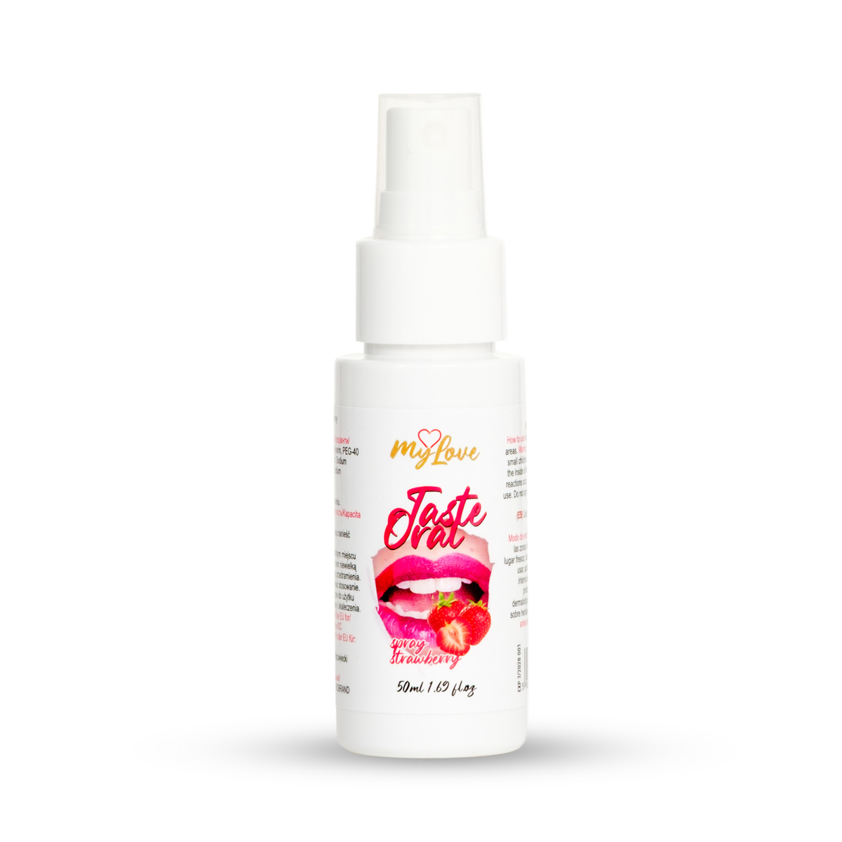 Front view of the 50 ml MyLove Taste Oral Spray in Strawberry flavor standing centered against a white backdrop. The label features a graphic of open red lips with strawberries below. Main image