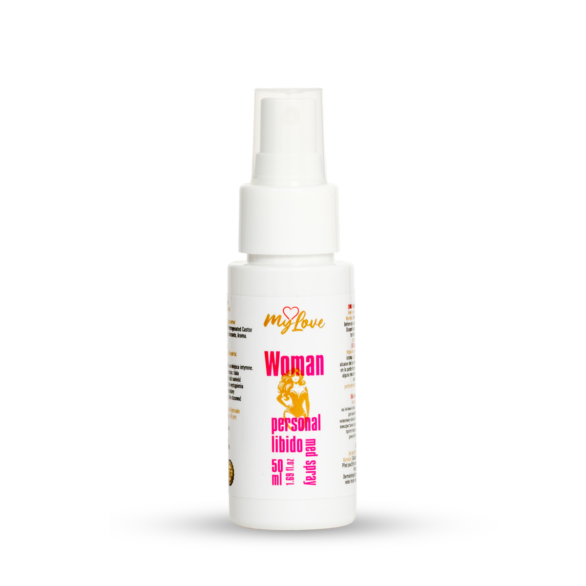 Front view of the 50 ml MyLove Woman Personal Libido Med Spray bottle standing centered against a plain white backdrop. The label features a gold woman graphic in a corset with bold pink typography.