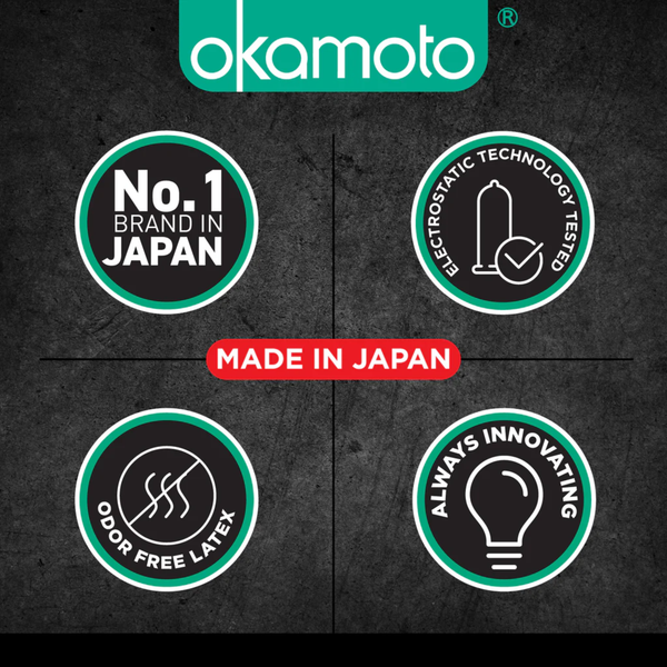 An infographic featuring four circular badges highlighting brand trust for Okamoto. The badges indicate it is the No. 1 Brand in Japan, Electrostatic Technology Tested, Odor Free Latex, and Always Innovating. A red banner in the center prominently states Made in Japan.
