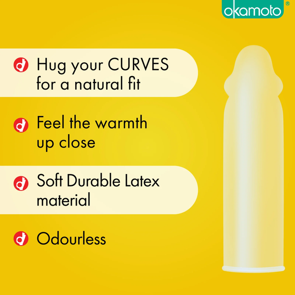 A yellow marketing graphic featuring the translucent condom. Bullet points highlight: "Hug your CURVES for a natural fit," "Feel the warmth up close," "Soft Durable Latex material," and "Odourless."