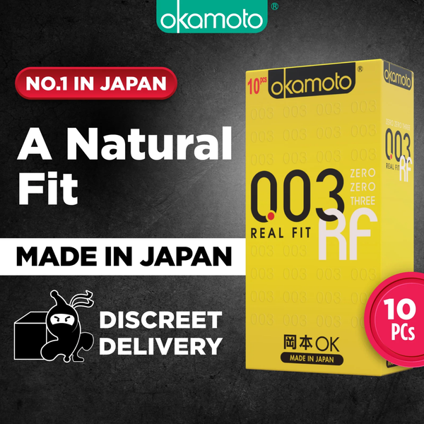 A promotional graphic featuring the yellow box. Text reads "NO.1 IN JAPAN," "A Natural Fit," and "MADE IN JAPAN." A "Discreet Delivery" icon with a ninja is in the bottom left, and a "10 PCs" badge is in the bottom right.