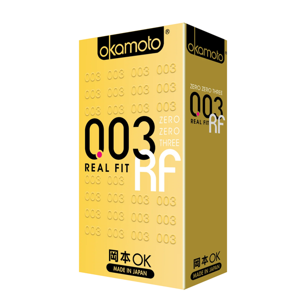 A front image of the Okamoto 003 Real Fit condom box of 10 pieces in a white background. 