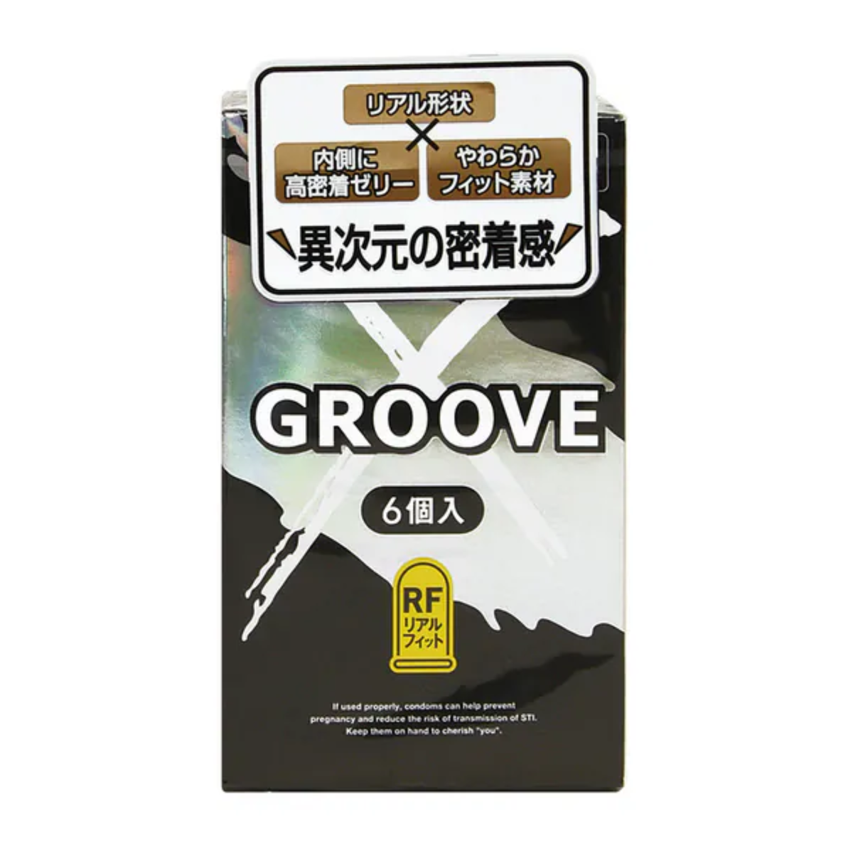 Front packaging shot of the Okamoto Groove X 6-pack box featuring a black, white, and silver metallic design with "GROOVE X", "6個入" (6 count), and "RF Real Fit" badge graphics.